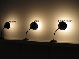Three lamps illuminating spanish words for “look, see, perceive”.