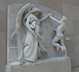 Sculpture of robed angel at left, touching hand of young man at right