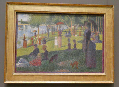 Small version of pointillist painting of people in a park; focus is a woman with an umbrella