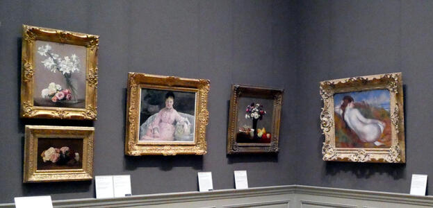 Portraits of women and paintings of flowers