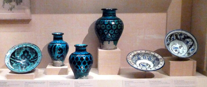 Blue ceramic bowls and vases
