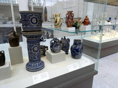 Various earthenware vessels with blue painted designs