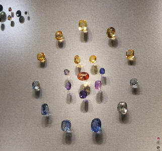 Yellow, blue, and purple gems in a circle with an orange-red gem in the middle.