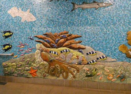 Mosaic of undersea creatures including octopous and tropical fish.