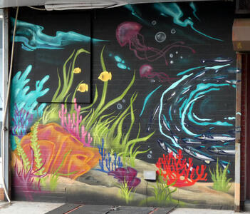 Mural of undersea plants and small fish