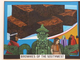 Plate of brownies in background of painting; southwest motif in foreground