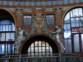Statuary of old train station above an arch