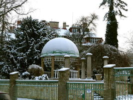 Snow-covered domed gazebo
