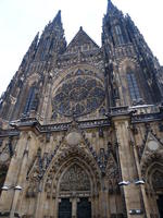 Front of St. Vitus cathedral with large circular window above door