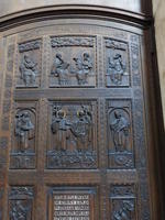 Wood door carved w. religious figures