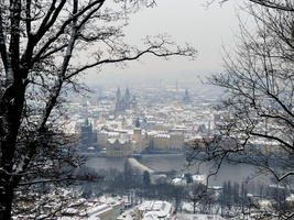 View of Vltava river and city from top of Petřín Hill