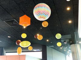 Paper lanterns hanging from ceiling