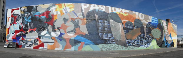 Long wall mural with words “The Pasture to see the Future”