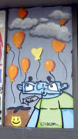 Blue skinned man in foreground; orange balloons in background