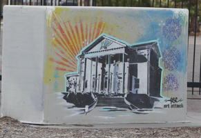 Cement block with painting of Leaf theatre