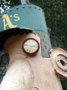 Closeup of baseball player showing a clock dial as one of the eyes.