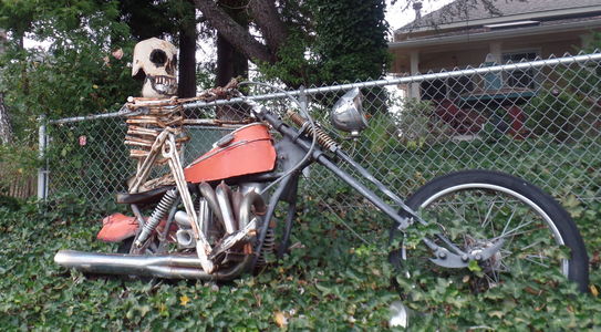 Skeleton riding motorcycle with long front fork