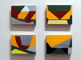 Four small oil paintings in brown, green, gray, yellow, and orange