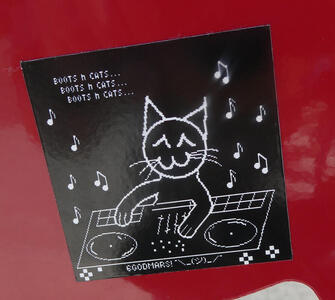 Cat DJ'ing; text says “Boots n CATS...”