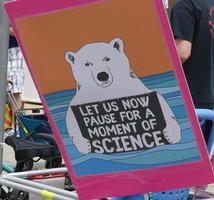 Polar bear holding sign: Let us now pause for a moment of science