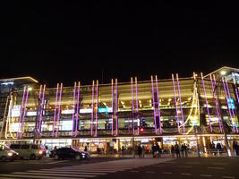Building with vertical neon “striping”