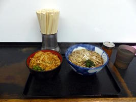 Bowl of vegetable tempura on left; buckwheat noodles on right