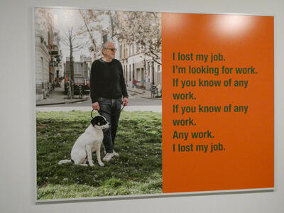 Photo of  man with dog. Text: I lost my job. I’m looking for work. If you know of any work. If you know of any work. Any work. I lost my job.