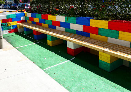 bench painted like lego blocks
