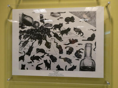 Drawing of a bottle of ink spilled on table; ink turns into black cats. Artist: Emiko Yamabe