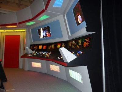 Bridge of original starship Enterprise (control panels to stage left of captain's chair)