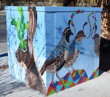 Utility box with rabbit/cactus on one side and quails on other side.