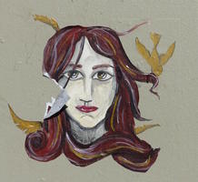 Woman's face with brown hair being tugged at by gold birds