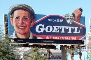 1930s style billboard for air conditioning; boy holding flashlight