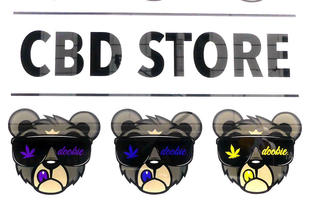 CBD Store: Three bears wearing sunglasses with marijuana leaf on one lens and “doobie” on the other.