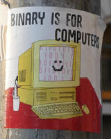 Drawing of computer with smiley face and 1s and 0s on screen. Text: Binary is for compuers