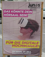 Person in bathub wearing virtual reality headset. Slogan “we want more” has “want” crossed out and replaced with “do”