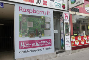 Storefront with full-window-sized advert for Raspberry Pi