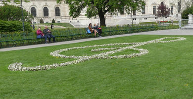 Flowers forming treble clef symbol in lawn