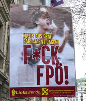 Woman giving the finger. Text: Get nazis out of Parliament. F*CK FPÖ!
