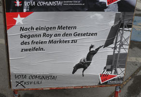 Man on horse jumping off diving platform. Text: After a few meters, Roy began to doubt the laws of the free market.