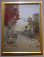 Painting of a street with flowers on a wall