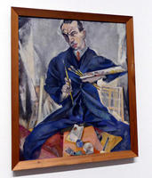Self portrait man in blue suit holding palette and brush