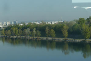 View of forested area and river from train window