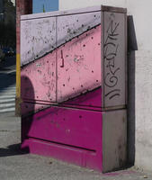 Electrical box painted with pink and purple wide diagonal stripes