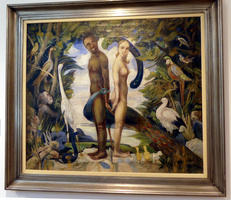 Adam and Eve back to back in garden of Eden. He is black; she is white.