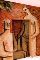 Elevator painting of woman handing man a red fruit.