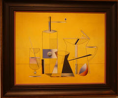 Abstract painting of glasses, pitchers, and drink-making equipment