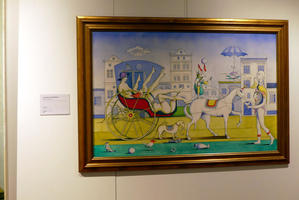 Art deco style painting of women in carriage being pulled by horse