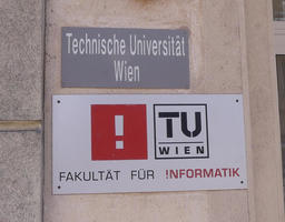 Sign for Vienna Technical University faculty for Informatics, with exclamation point for capital I.