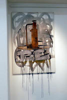 Graffiti-like painting, with drips of paint extending out of painting down wall